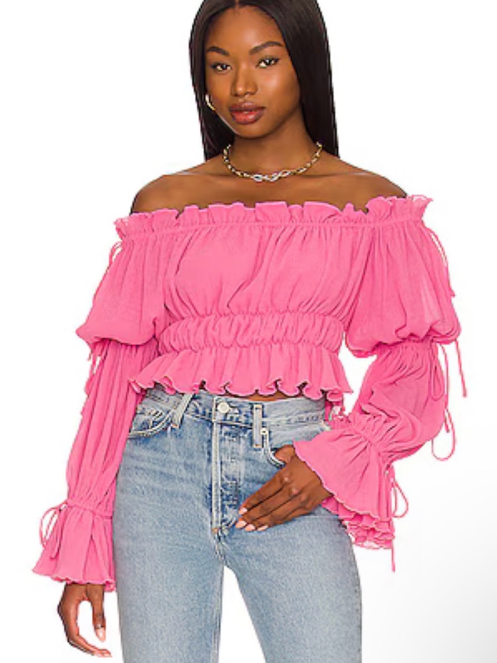 Tularosa Vibrant Pink Ruffled Off-Shoulder Top